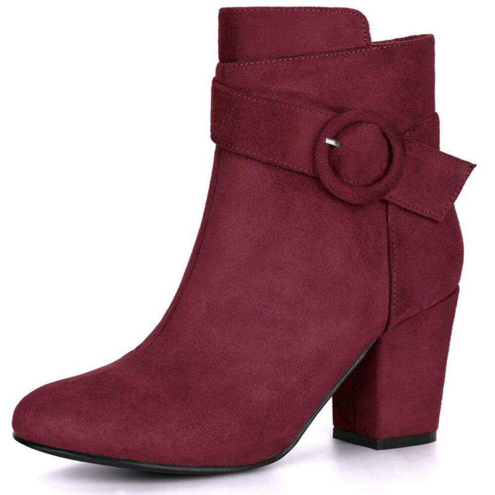 Round Toe Side Zip Buckle Chunky Heel Burgundy Ankle Boots